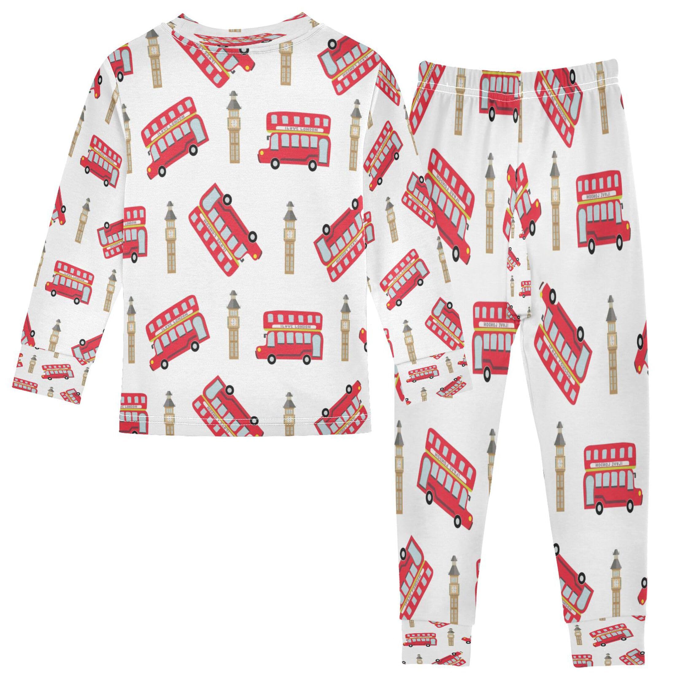 Vozoza Red London City Bus Pajama Sets Long Sleeve Top with Pants Cotton Soft Sleepwear 2 Piece Pjs Set Size 4T