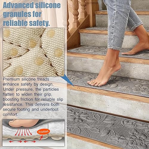 Miniatura 3 de Alfombras para peldaños de madera para interiores, alfombras para niños y mascotas, 8 x 30 pulgadas (paquete de 15 unidades), tapetes con respaldo