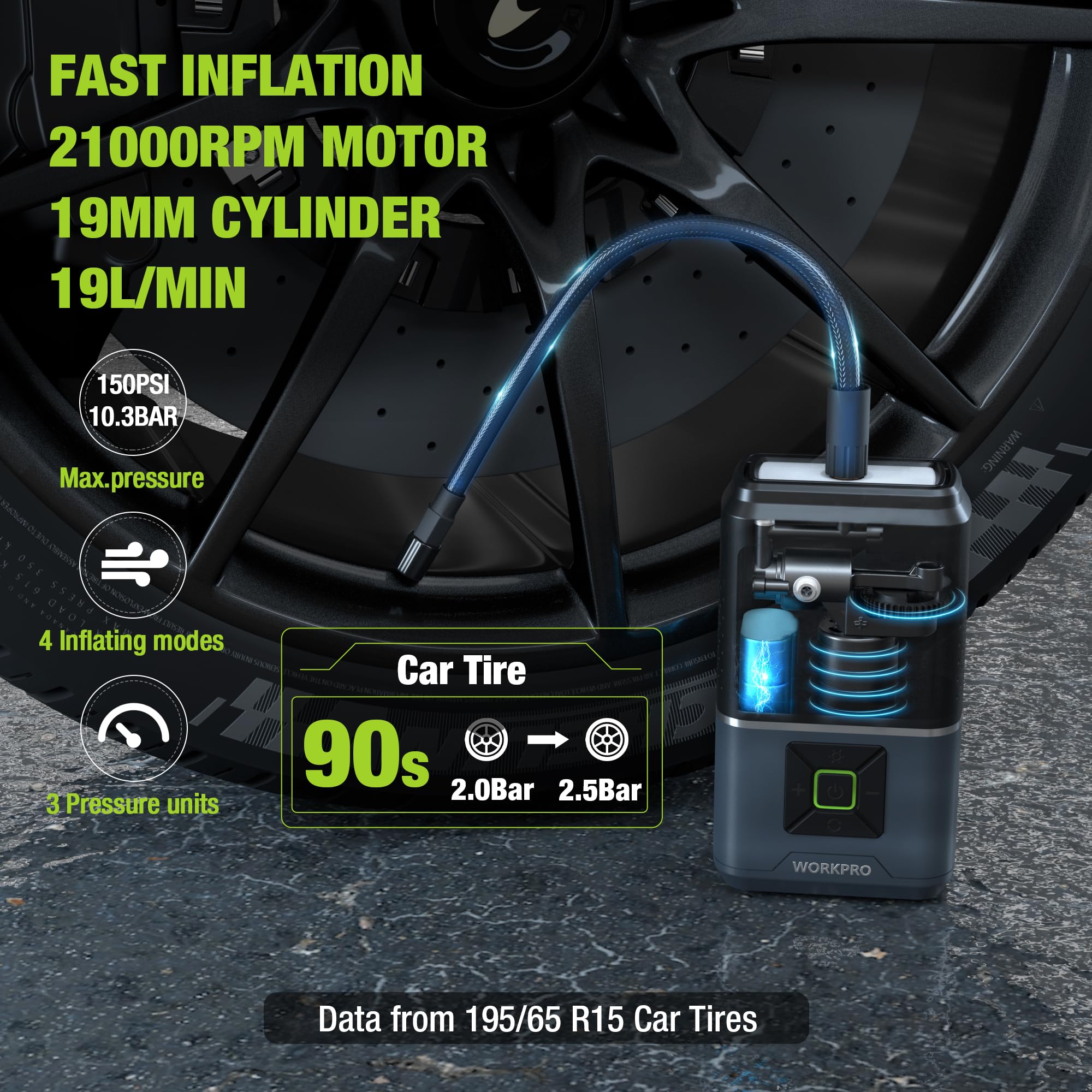 Compressore Aria Portatile Auto 150PSI - Ricaricabile 7800mAh, Silenzioso E Con Display LED - Foto 4