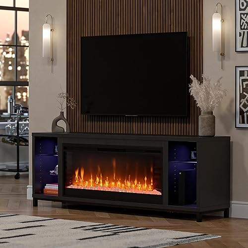 Ameriwood Home Lumina Fireplace TV Stand for TVs up to 70 inch, Replaceable Electric Fireplace Insert Heater, Remote Control, Timer, Color Changing LED Lights, Crystal Ember Flames, Black