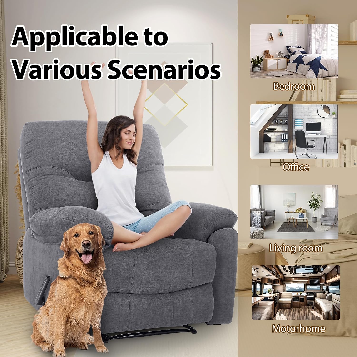 Manual Oversized Recliner Overstuffed Chairs Large Recliner High Weight Capacity Big and Tall Man Recliner for Heavy Duty 400lbs Adults for Living Room, Bedroom, Nursery, RV Grey