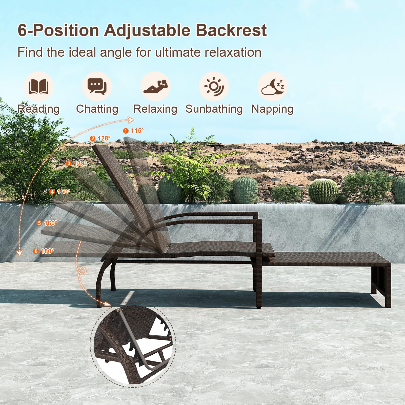 LIFEZEAL Sonnenliege wetterfest, Gartenliege mit 6-Fach Verstellbarer Hochlehne, Liegestuhl Rattan mit ausziehbarer Fußstütze & Armlehnen, Rattanliege bis 180 kg belastbar, Braun