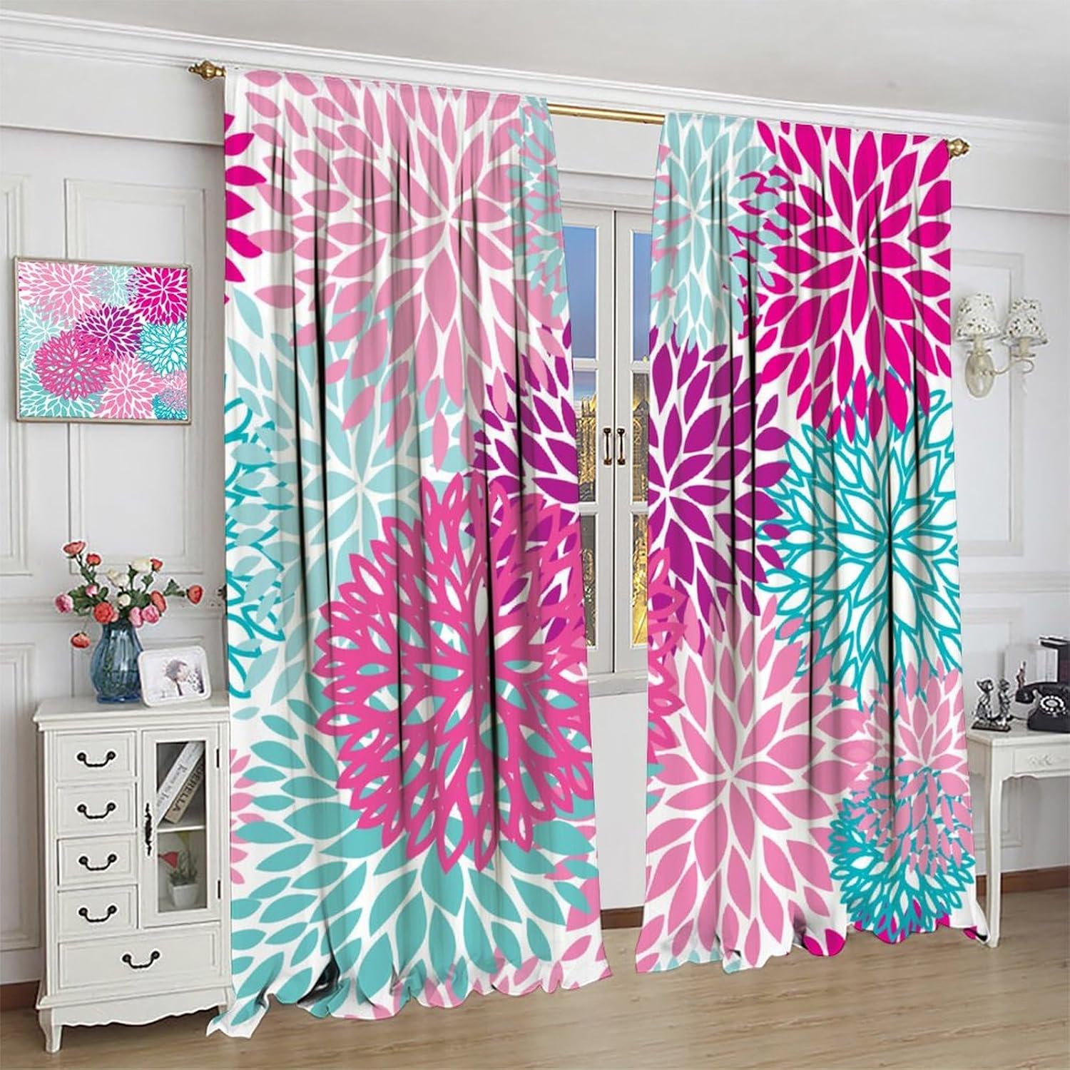 Purple Floral Curtains, Boho Dahlia Chrisanthemum Flowers Bright Colorful Window Treatments for Living Room Bedroom Kitchen, Floral Seamless Pattern Drapes 2 Panel Sets,42x54 Inch Blackout