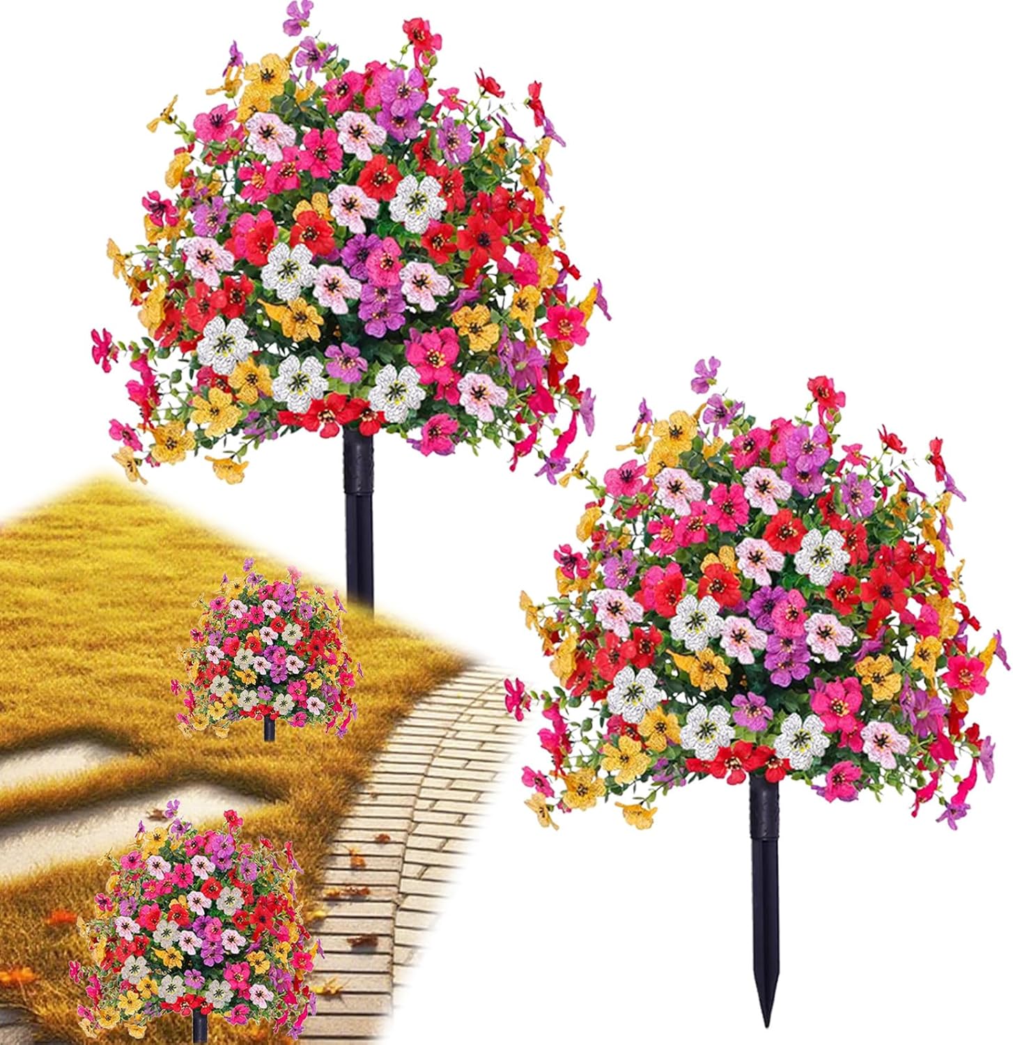 Fall Artificial Boxwood Topiary Ball Trees with Mums Flowers Set of 2,UV Resistant Orange Faux Shrubs Outdoor with Spike,Autumn Fake Potted Plants for Front Porch Garden Yard Decor 23.7"