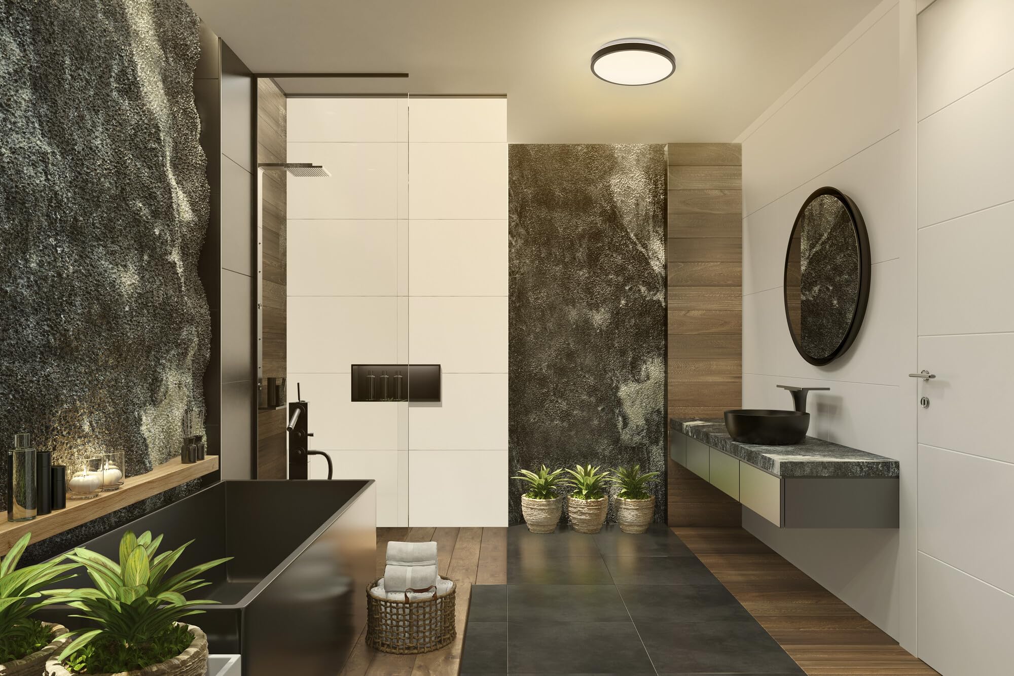 LEDVANCE ORBIS DISC Badezimmer-Deckenleuchte 300mm, schwarz, 18W, 2200lm, warm- bis kaltweißes Weißlicht, per Lichtschalter steuerbar, besonders schlankes Design, IP44 Schutzklasse, 3000K-4000K