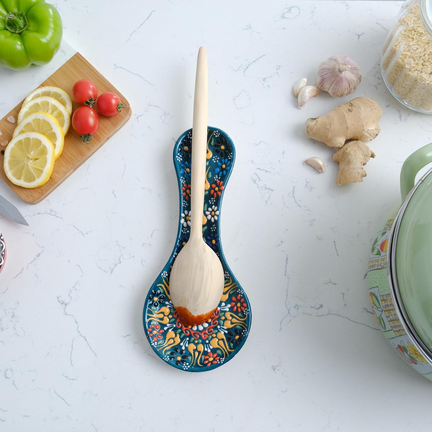 Handmade Spoon Rest, Ceramic Spoon Rest for Stove Top, 10" Spoon Rest for Kitchen Counter, Dishwasher Safe Spoon Holder for Stove, Housewarming Gifts Utensil Rest, Colorful Spoon Rests (Emerald Green)