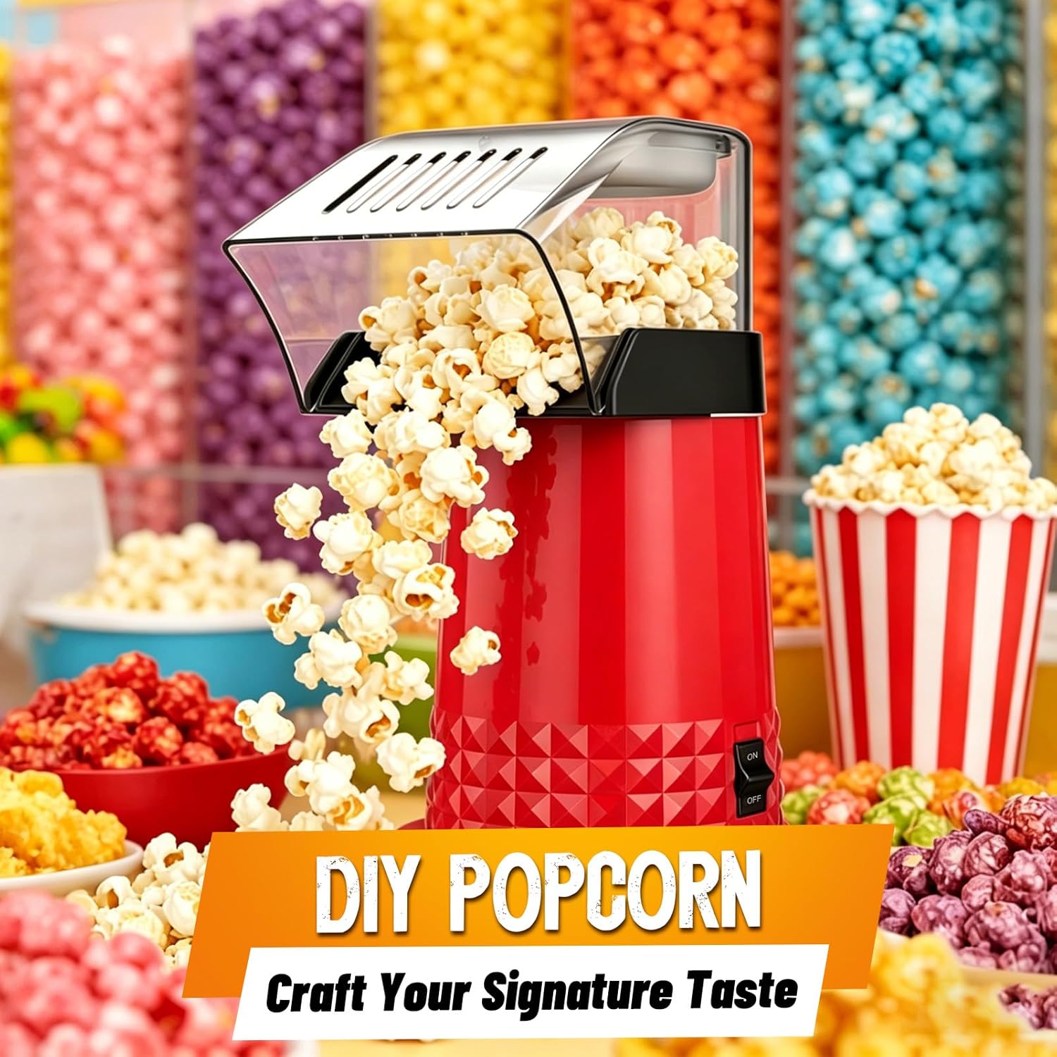 Hot Air Popcorn Popper, 1200W ETL Certified Oil-Free Popcorn Maker, 4.5 Quart Large Capacity Electric Popcorn Machine, 2-Minute Fast Snack Maker for Movie Night Party (Red) thumbnail