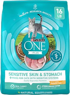 Purina ONE +Plus Sensitive Skin & Stomach Dry Cat Food, Real Turkey, High Protein 38g/Cup, 16 lb Bag