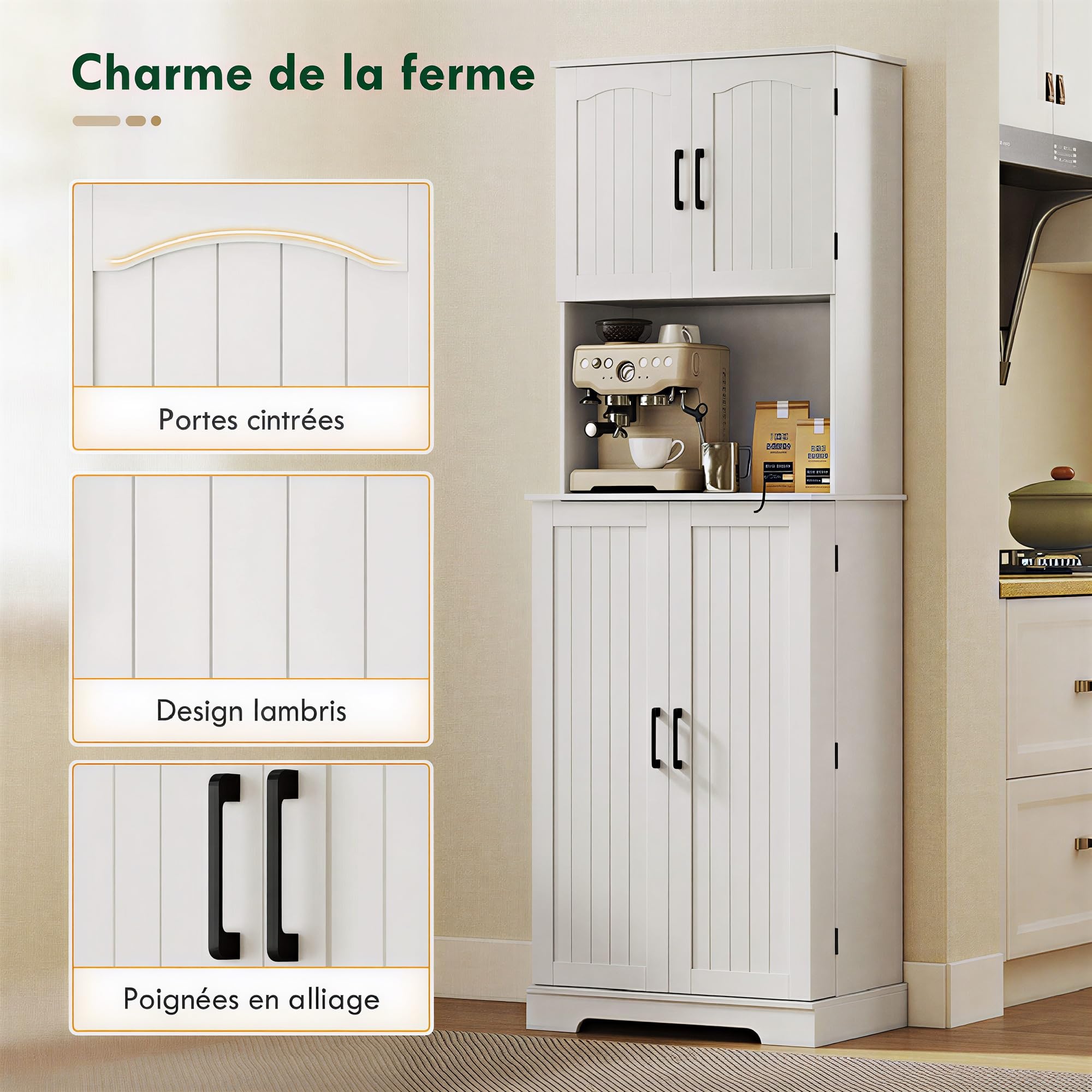 HOMCOM Credenza da cucina con 4 ante e 8 porta spezie e ripiani regolabili per soggiorno, sala da pranzo, piano di lavoro, 60 x 40 x 181,5 cm, bianco