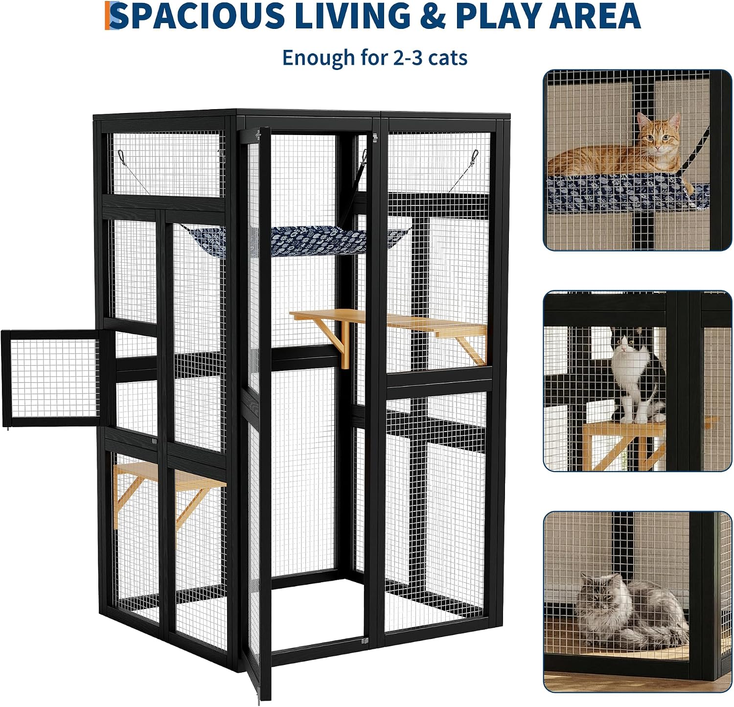 GarveeHome 64 Inch Large Wooden Catio Outdoor Cat Enclosure Window Cat House with Wheels 3 Platforms Weatherproof Roof Kitty Cage for Multiple Cats