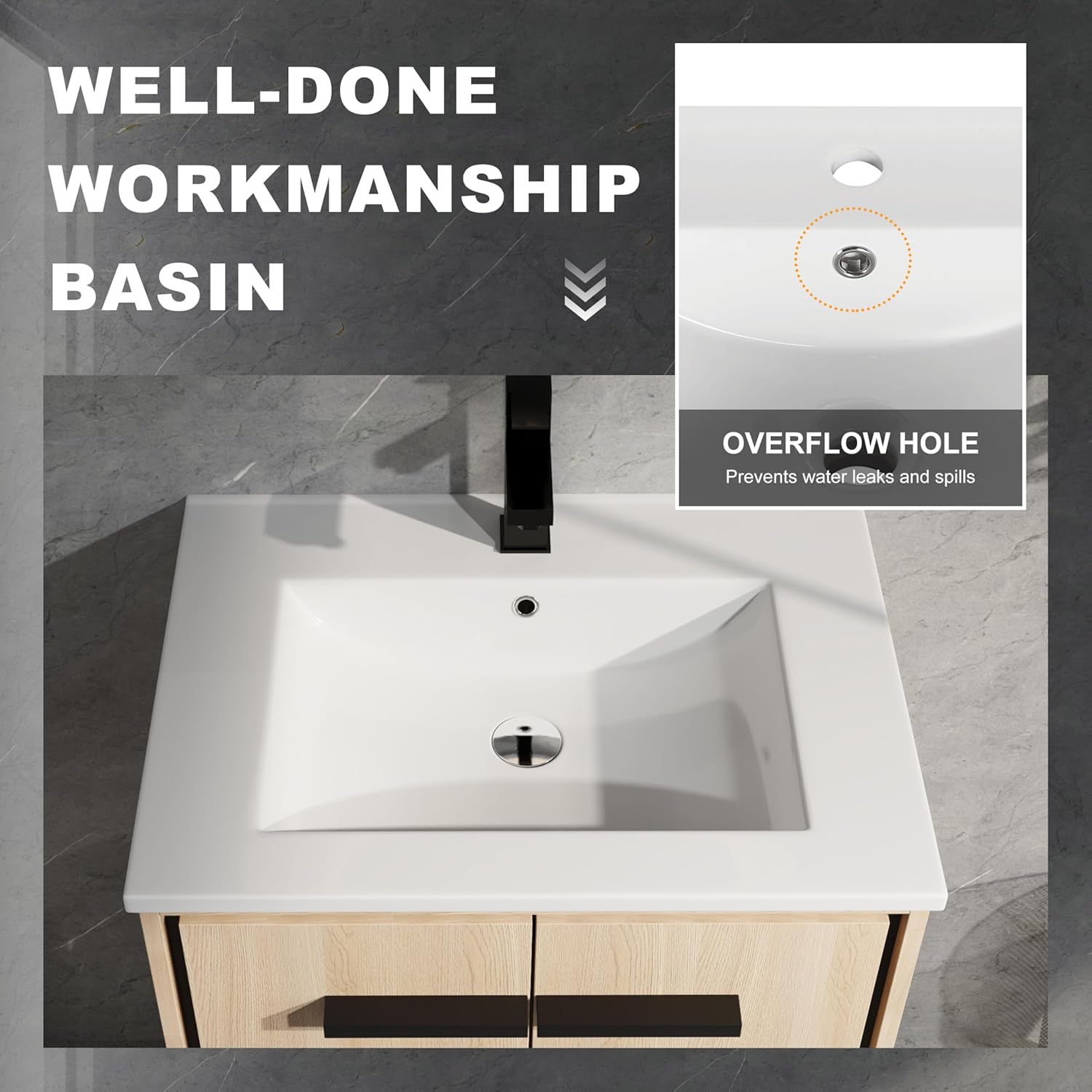 24" Bathroom Vanity with Sink, Freestanding Bathroom Sink Cabinet with Soft Doors, Engineered Wood Vanity Cabinet, Small Bathroom Sink Vanity, Floor Mount, Oak