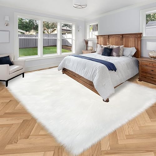 Miniatura 3 de Alfombra de piel sintética blanca de 6 x 9 pies alfombra de área esponjosa para sala de estar dormitorio habitación de los niños guardería alfombra