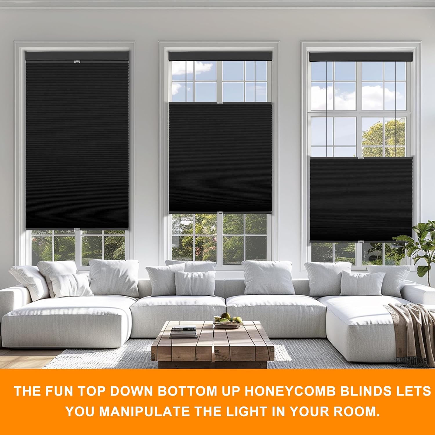Top Down Bottom Up Cellular Shades, Cordless Blackout Pull Down Honeycomb Blinds, Custom Room Darkening Blackout Skylights Blinds for Ceiling, Easy to Install,33" W x 72" H,Black