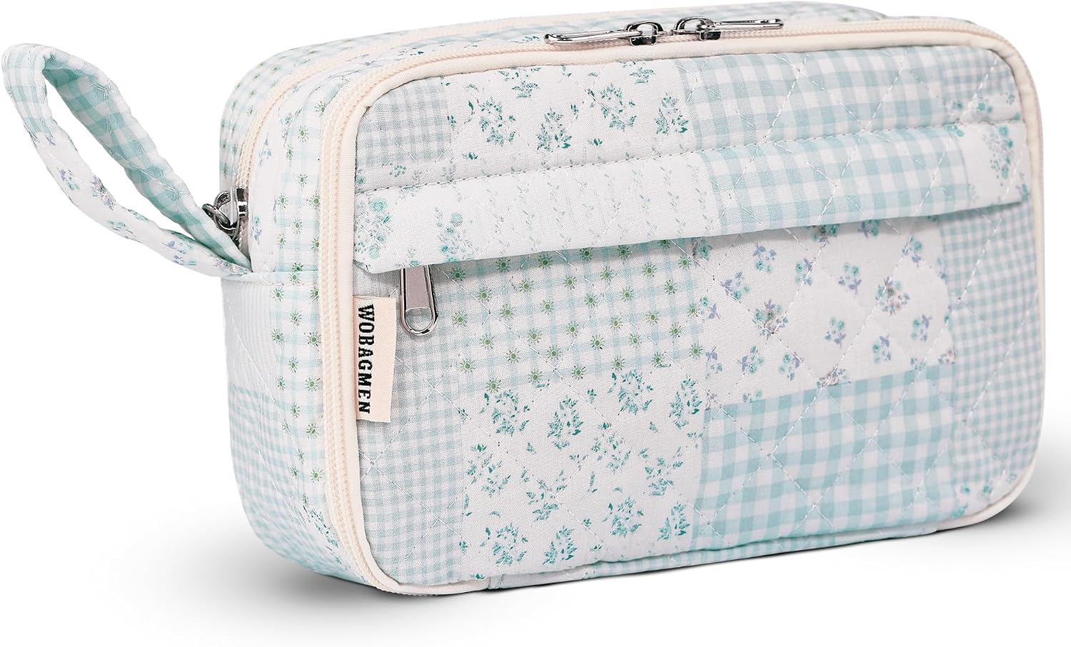 WOBAGMEN Quilted Pencil Pouch for Girls Women, Large Pencil Case Pouch with Compartments Cute Aesthetic Pencil Case Organizer, Floral Pencil Bag for School Supplies (green blue pin)