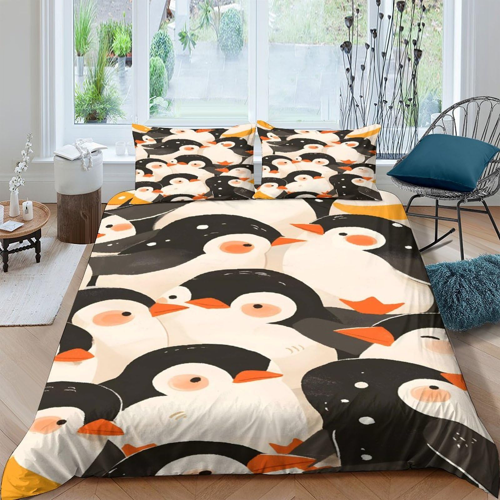 XFKLYNVCJ 3D Printed Penguins group Comforter Cover Premium Polyester Cartoon animal illust Quilt Cover Wrinkle Free Durable for Housewarming Gift New Homeowners Bedding Use Single（135x200cm）