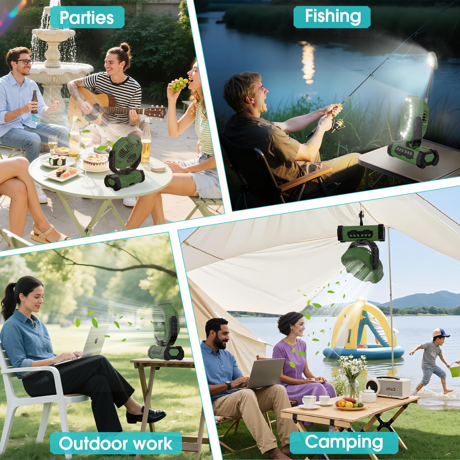 Camping Ventilator 20000mAh, Wiederaufladbarer Tischventilator USB Ventilator mit LED Licht & Haken, 270° Drehung mit Fernbedienung, Camping Fan für Indoor, Outdoor, Zelt, Grillen, Strand - Grün