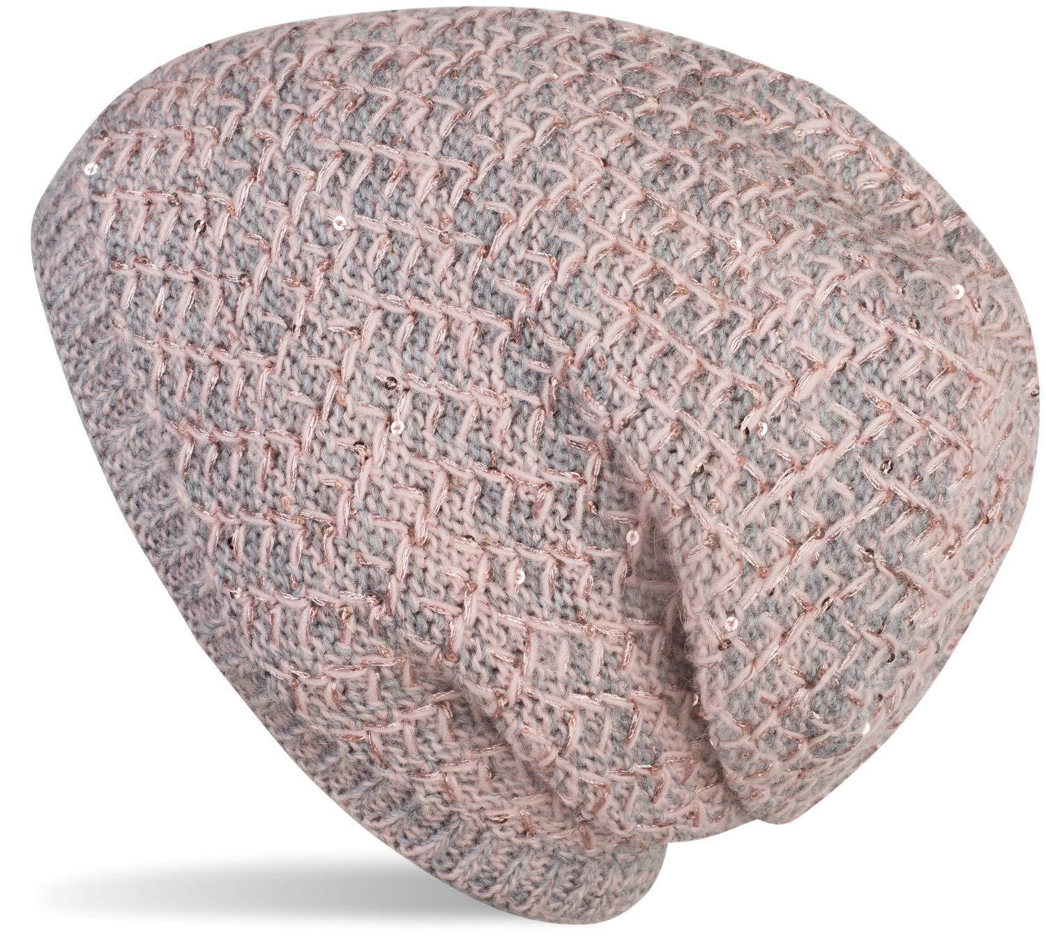 Stylebreaker Women's Rose-Grey Knit Beanie With Sequins And Thermo Fleece Lining, Slouch Long Beanie, Made In Poland 04024168, Colour: