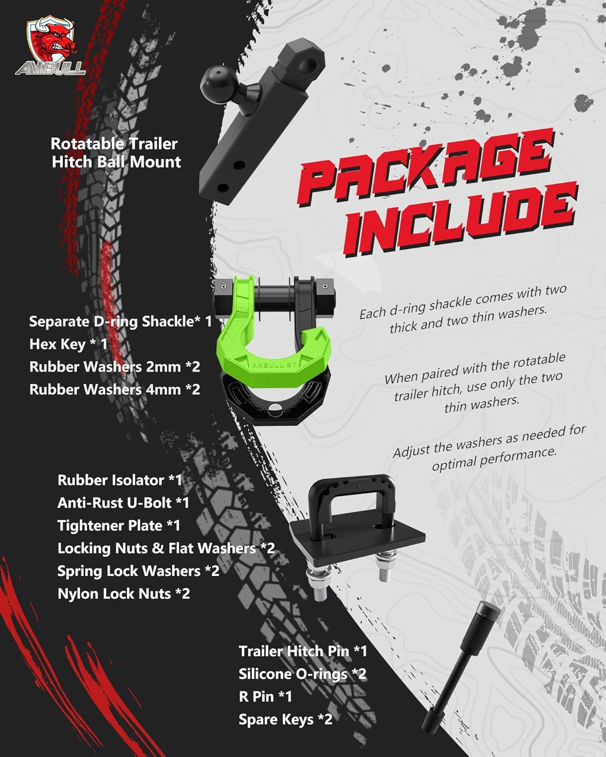 Rotatable D Ring Separate Shackle Trailer Hitch Receiver & 2-Inch Ball Mount, 3/4" Shackle with 2" Towing Ball Mounts, 23T/50706Lbs Break Strength Heavy Duty Towing Recovery Hitch, Blackgreen