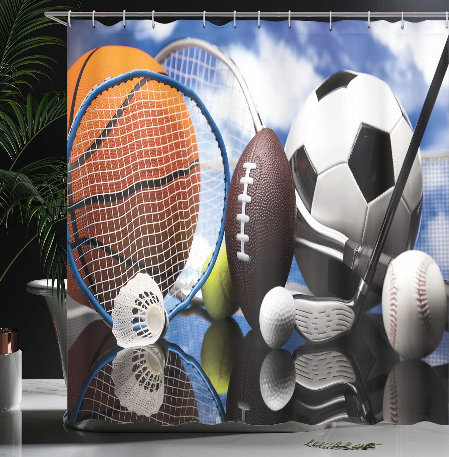 Ambesonne Sports Shower Curtain, Sports Equipment Football Soccer Darts Ice Hockey Baseball Basketball Theme, Cloth Fabric Bathroom Decor Set with Hooks, 69" W x 75" L, Orange Black