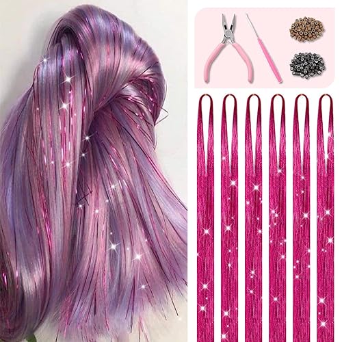 Kit de oropel de cabello rojo rosa con herramientas e instrucciones (idioma español no garantizado) fácil de usar, 1200 hebras de 48 pulgadas,