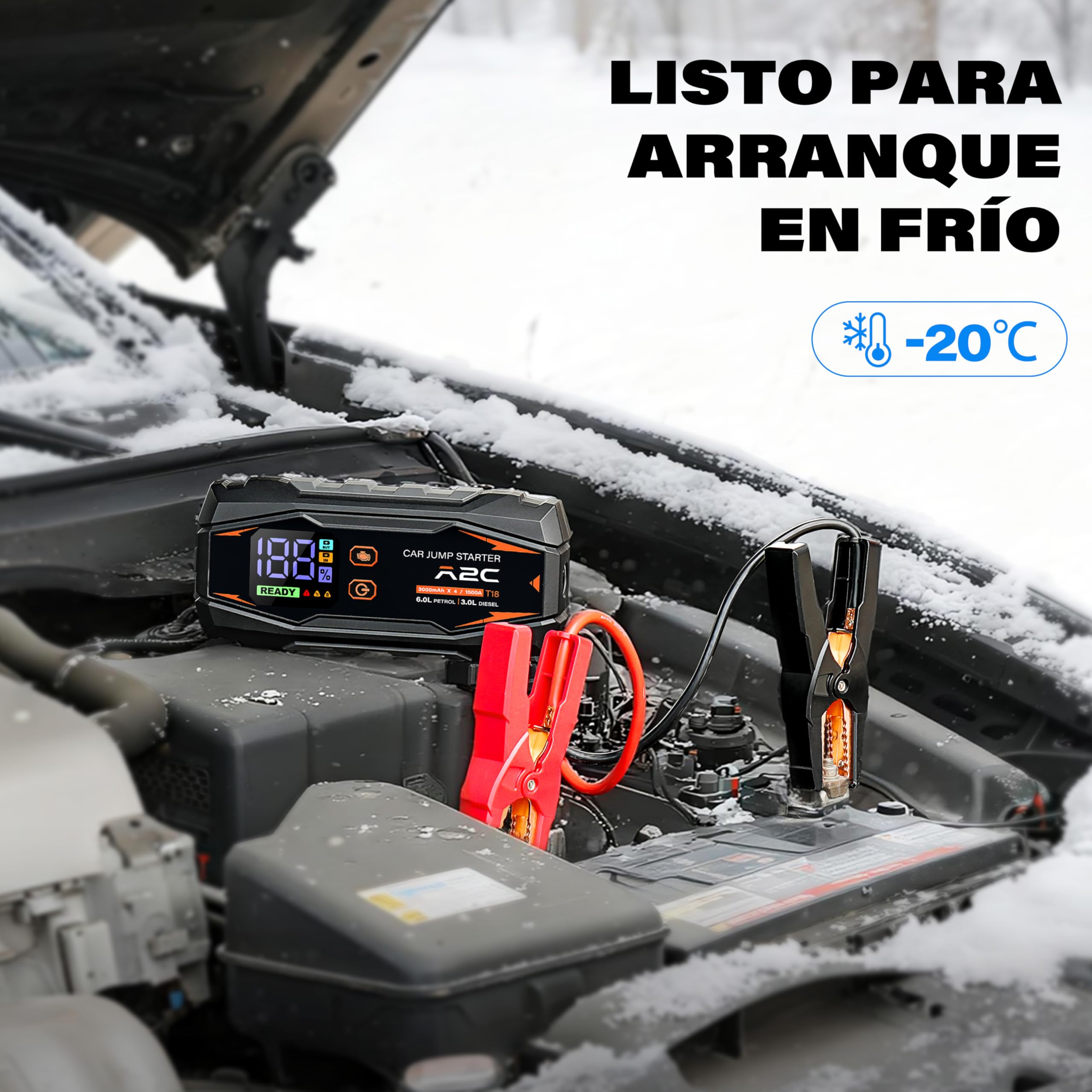 A2C Arrancador Coche 1500A, Power Bank 16800mAh para Gasolina 6L/Diésel 3L | 12V, 3 puertos USB-C, carga rápida QC 3.0, pantalla LED, pinzas de seguridad inteligentes, incluye estuche, diseño compacto