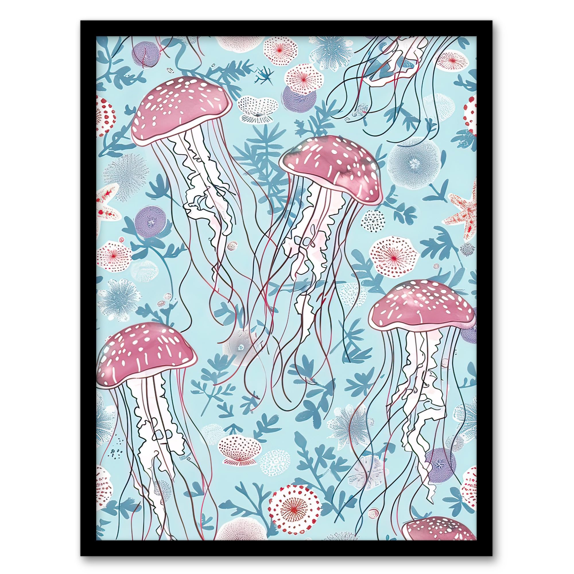 Artery8 Underseas Jellyfish Flowers Baby Blue Pink Design Bathroom Toilet Artwork Framed Wall Art Print 18X24 Inch