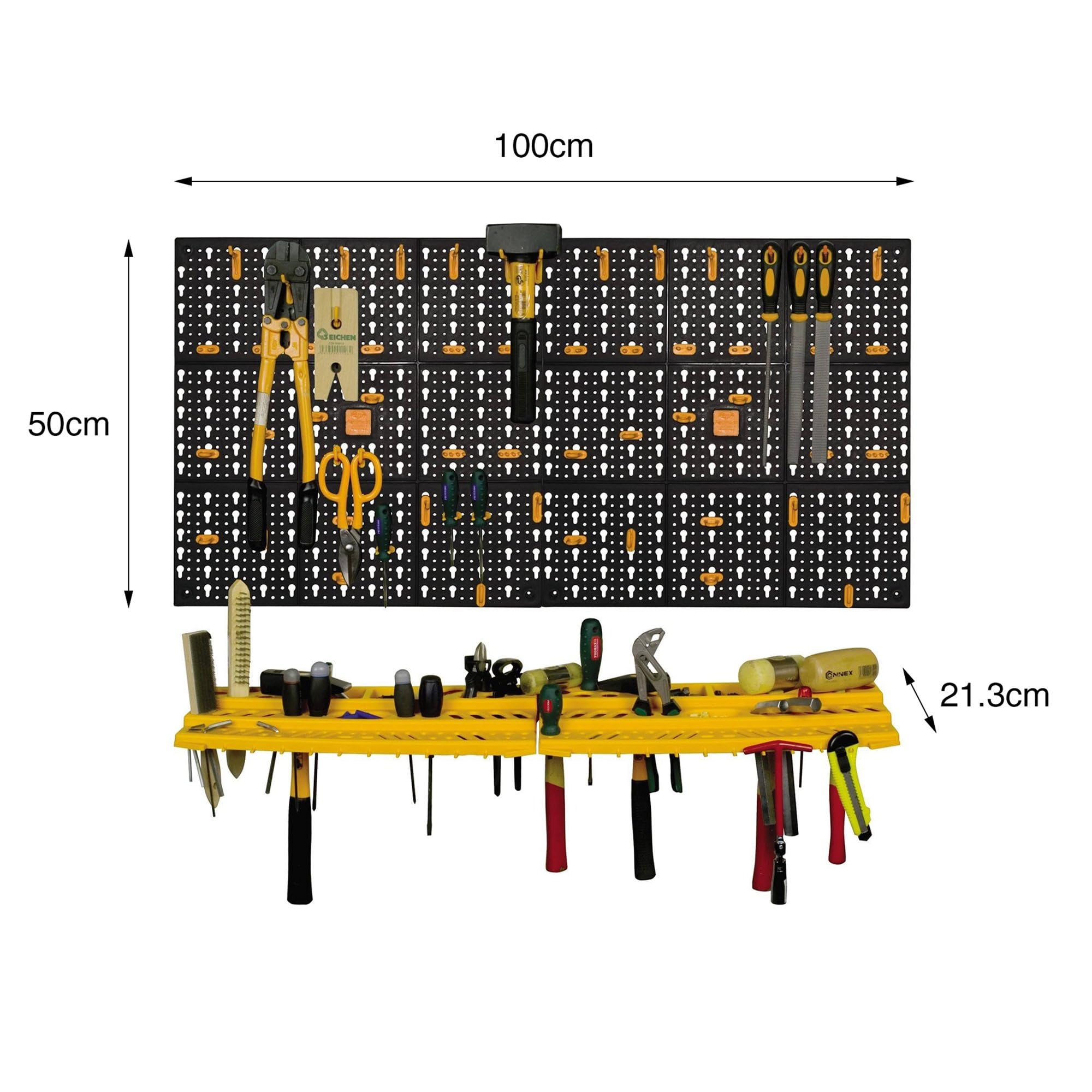 Dmora Ensemble de 2 panneaux et 2 niveaux de porte-outils avec 50 crochets, objets muraux de l'organisateur, 100% Made in Italy, 100x22h50 cm, couleur noire