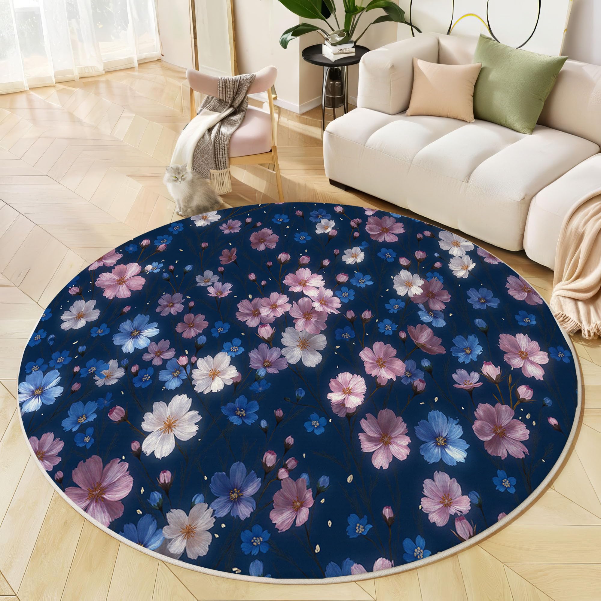 Tapis Rond Fleurs Printanières Romantiques Ciel Étoilé Végétal - Moquette Lavable Poils Courts Doux Antidérapant Pour Chambre À Coucher Salon Vestibule Entrée Chambre D'Enfant, Bleu Marine 100 Cm