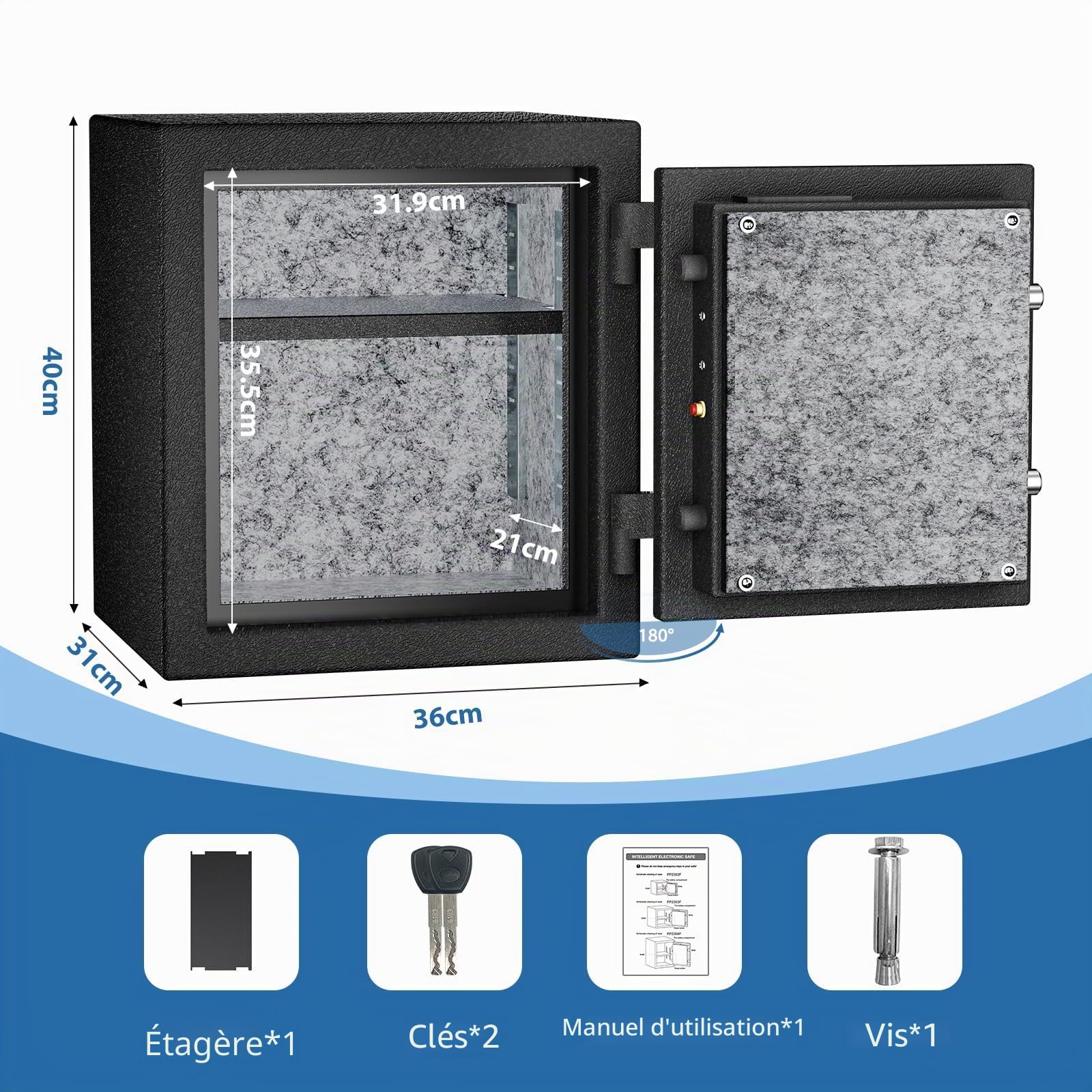 45L Biométrique Coffre Fort Ignifuge,Safe à Empreintes Digitales-40*36*31cm | avec Clavier Numérique et Chargement de Type-C, Coffre Fort Etanche pour l'Argent, la Maison, l'Hôtel, le Bureau