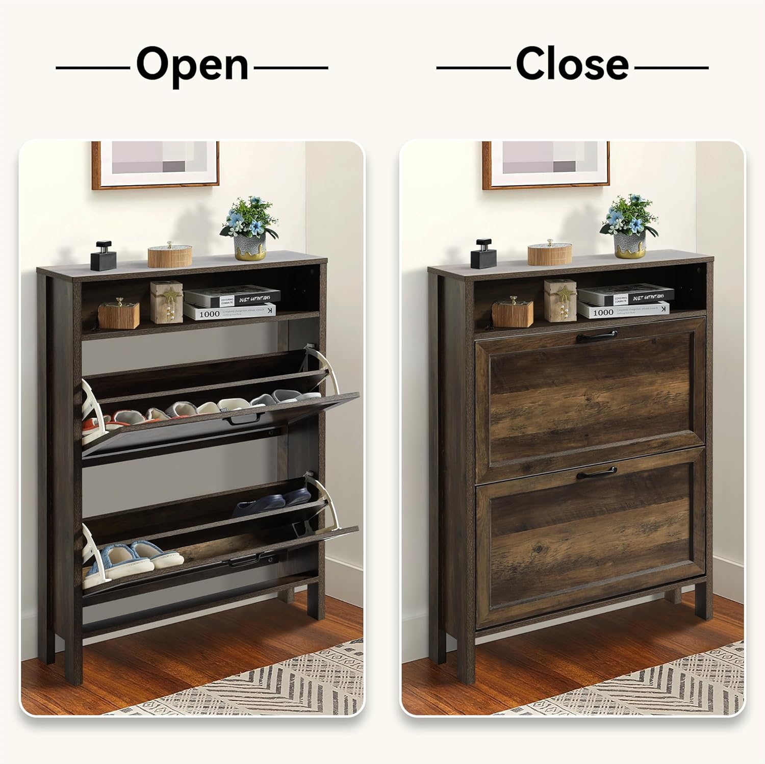 LOUVIXA Shoe Cabinet in open and closed positions