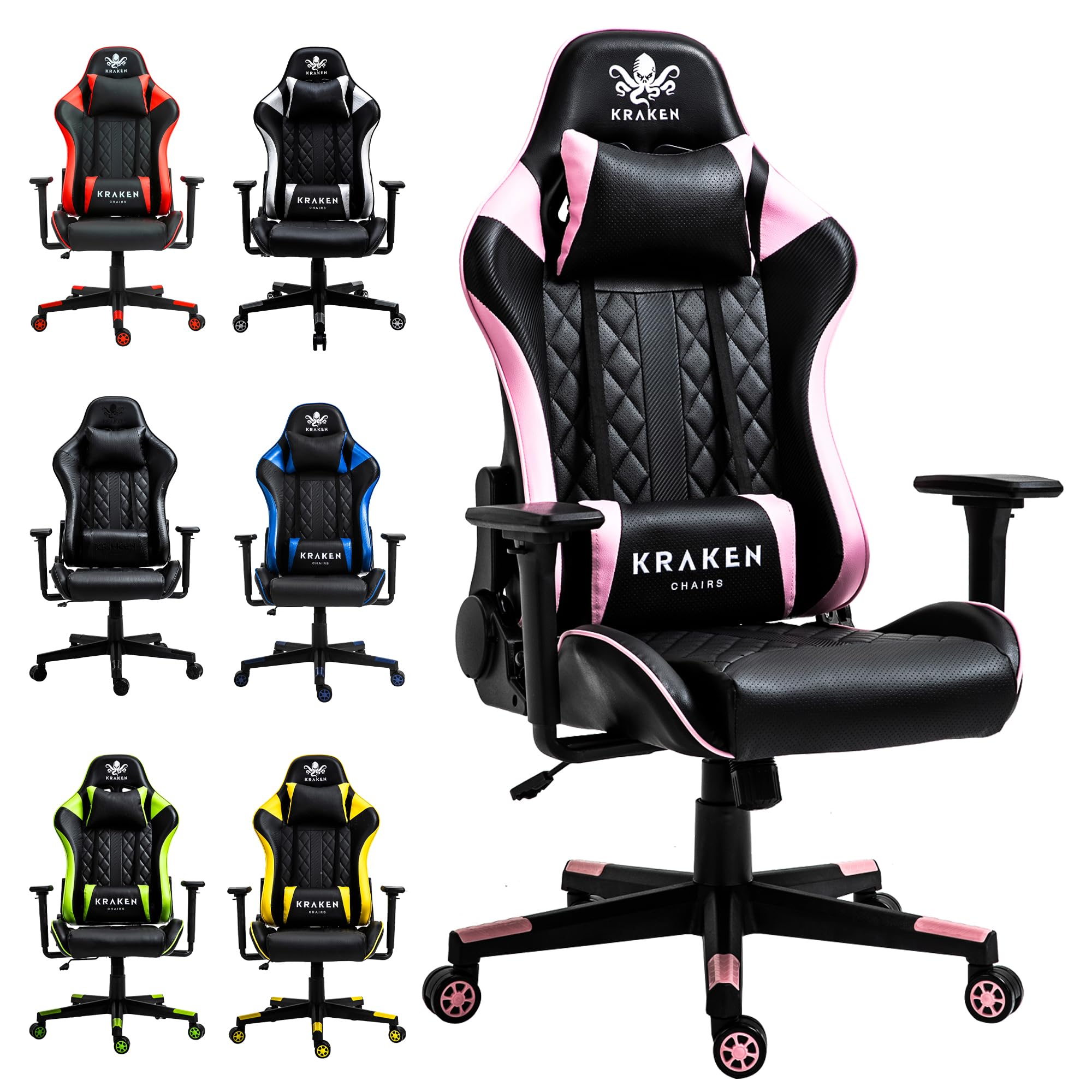 KRAKEN CHAIRS Silla Gaming de Piel sintética Silla de Oficina Ergonómica Silla Altura Ajustable Sillón giratoria Reposabrazos Ajustable Cojín Lumbar Negro-Rose