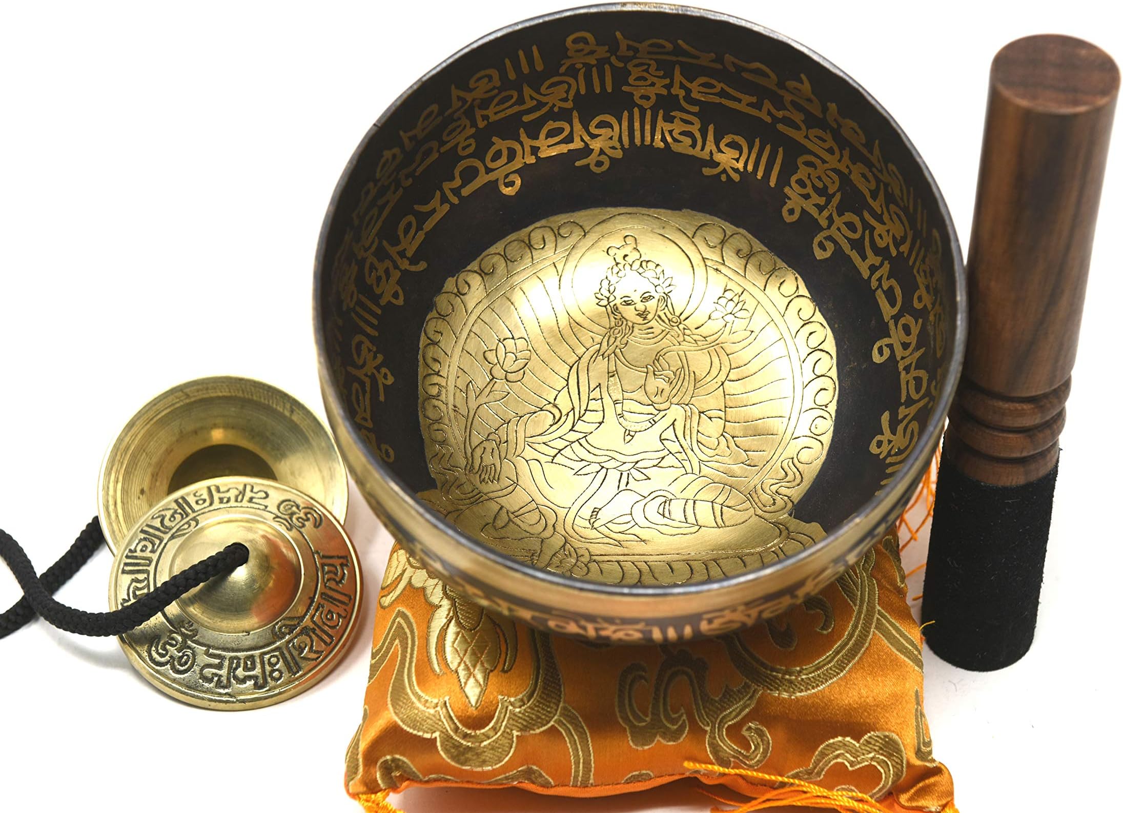 8" Healing Meditation Mantra Carved Singing Bowl, Etching Tibetan Art, Hand Hammered Singing Bowls with Silk Cushion, Gong & Mallet Striker