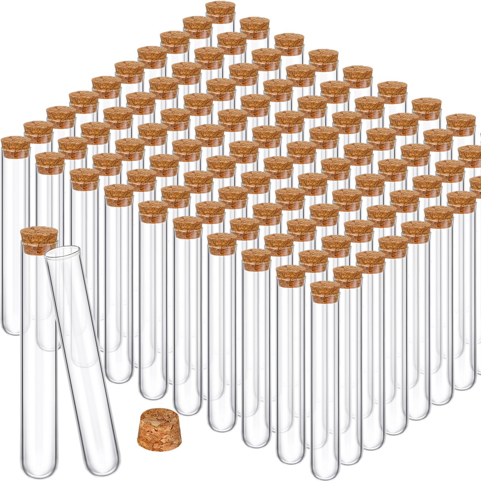 Photo 1 of Thyle 100PCS Glass Test Tubes with Cork Clear Stoppers Round Bottom Lab Test Alcohol Tampons Glass Tubes Container Vials for Plants Scientific Experiments Candy Storage Party Favors (20x150mm/35ml)