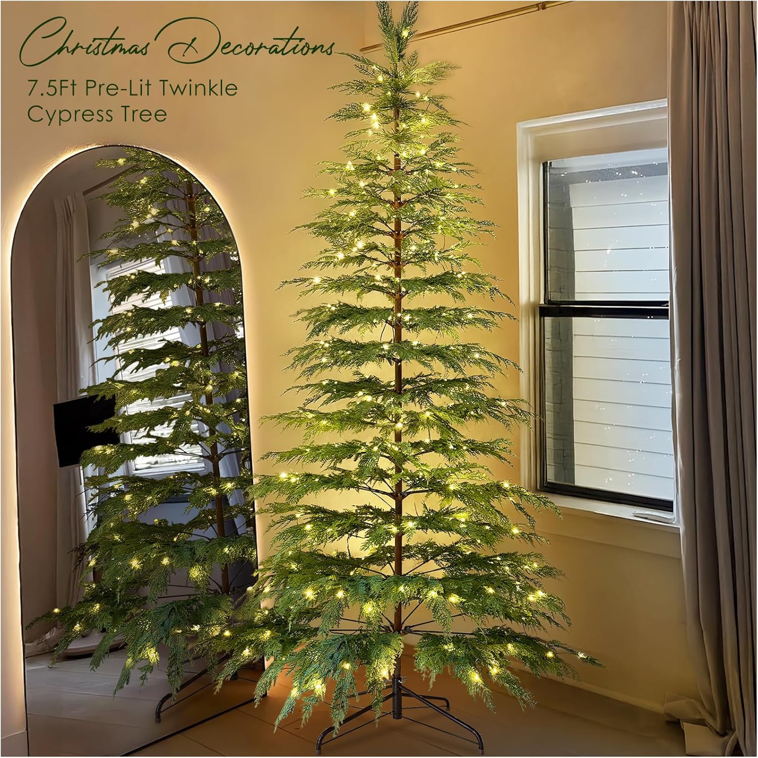 Christmas Decorations - 7.5 Ft Pre-Lit Twinkle Christmas Cypress Tree - Artificial Christmas Trees with 350 LED Lights - Xmas Holiday Decor for Indoor Home Party Living Room Office Decoration 7.5ft