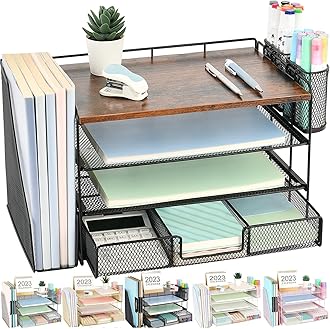 gianotter Paper Organizer with File Holder, 4-Tier Desk Accessories & Workspace Organizers with Drawer and 2 Pen Holder, Desk Organizers and Accessories for Office Supplies (Wood)