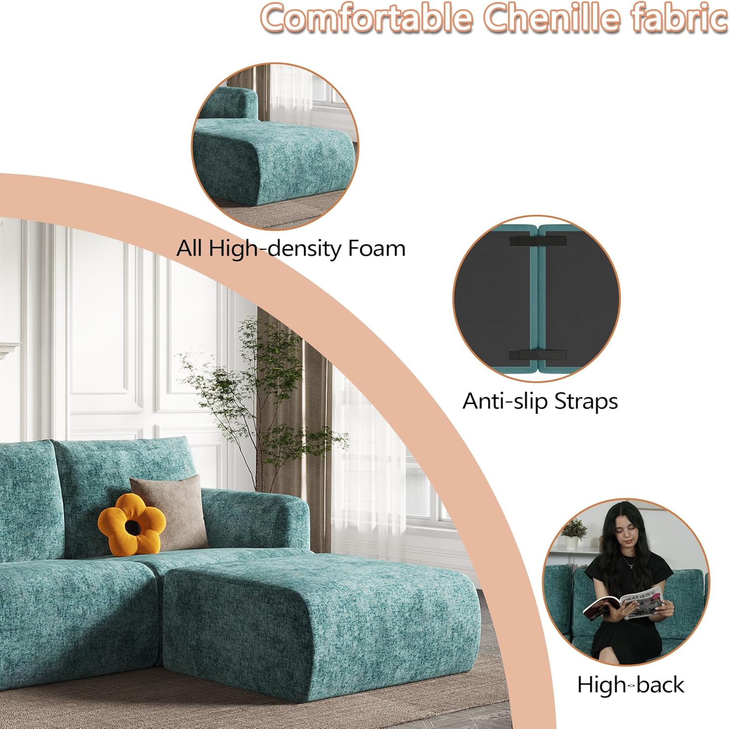 EASE MOOSE Sectional Couch for Living Room, Boneless Cloud Sofa for Small Spaces, Chenille Modular Cloud Couch Loveseat, 2-Seat Deep Seat Sofas with Pillow, No Assembly, Blue