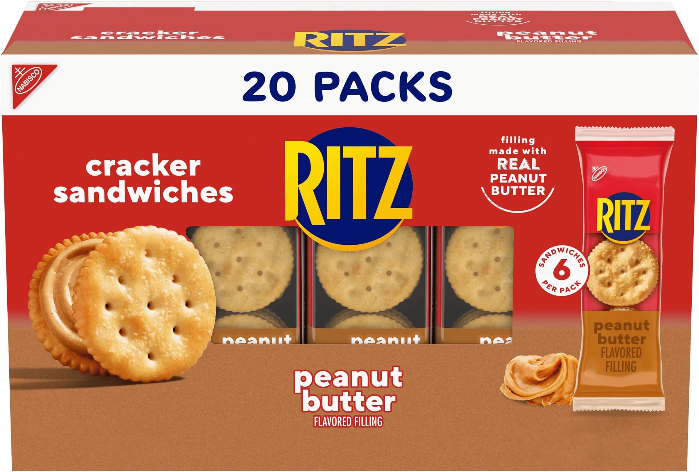 RITZ Peanut Butter Sandwich Crackers, 20 Snack Packs (6 Crackers Per Pack)