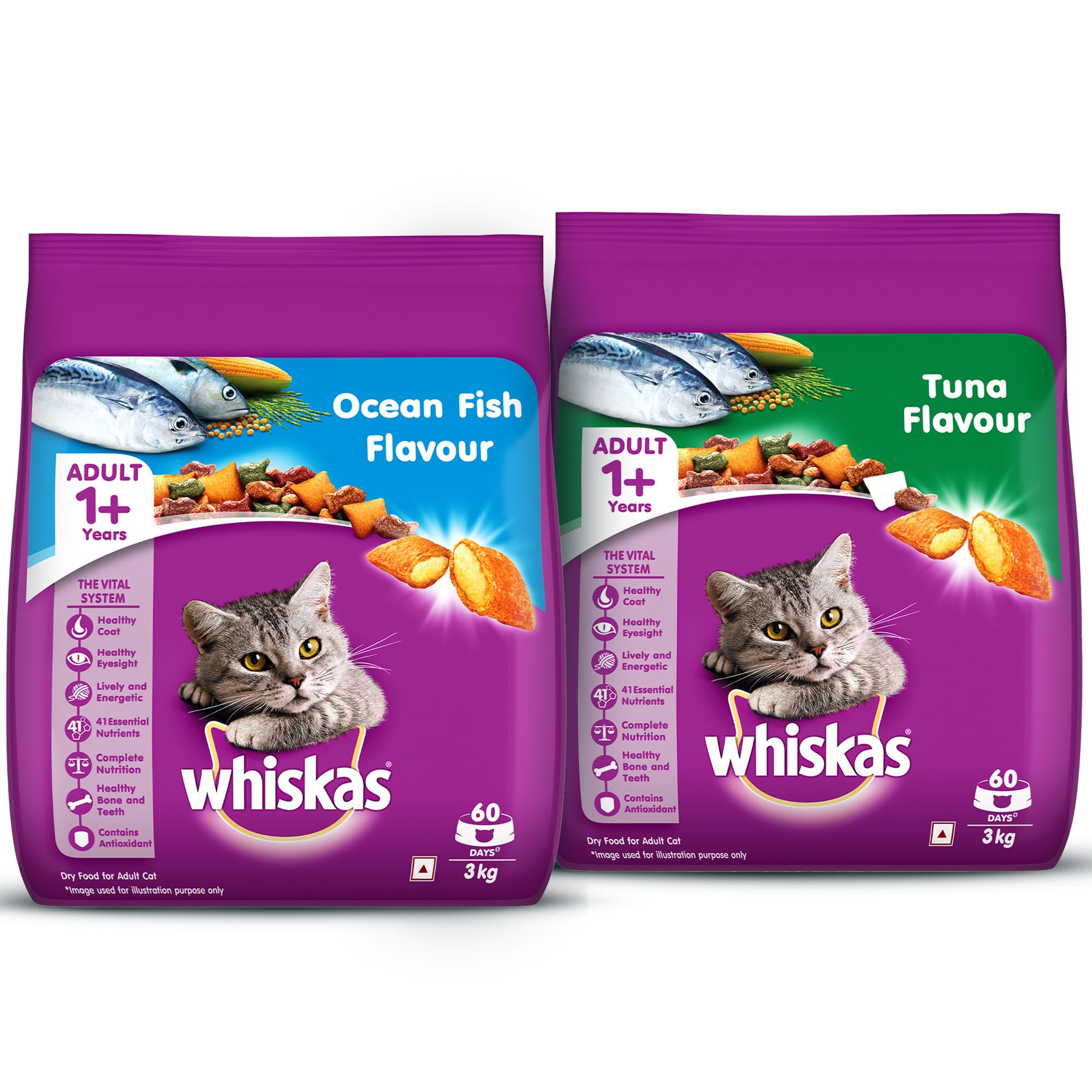 Whiskas Adult (+1 Year) Dry Cat Food, Ocean Fish Flavour, 3kg Pack & Whiskas Adult (+1 Year) Dry Cat Food, Tuna Flavour, 3kg Pack