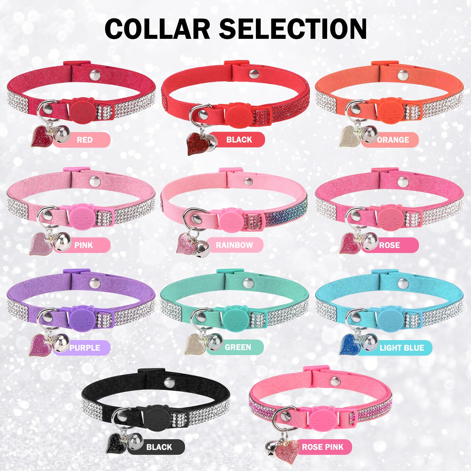 Collar de gato de diamantes de imitación con campana, collar de gato de diamante con hebilla de seguridad de liberación rápida para niñas, niños, gatitos pequeños, mascotas, cachorros