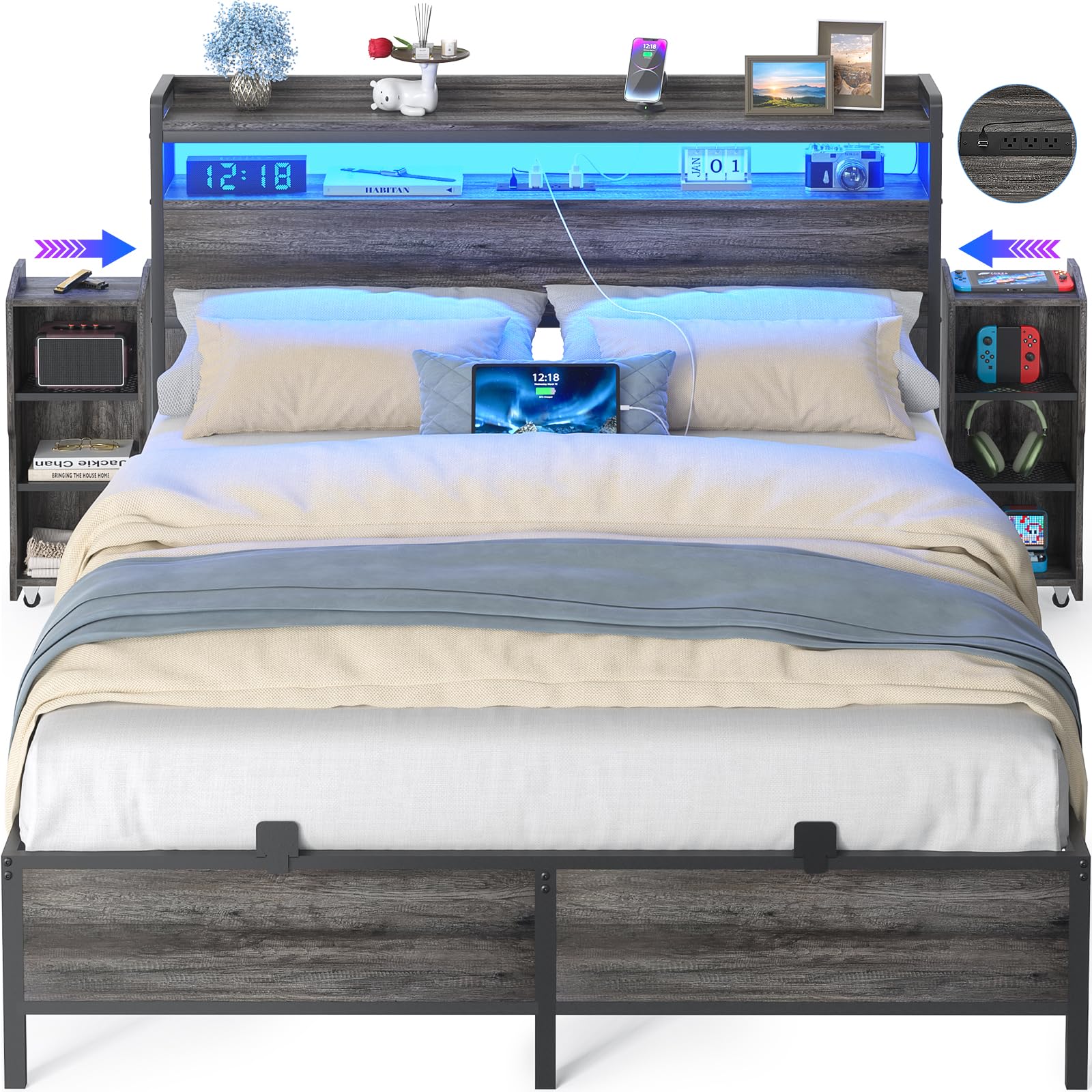 Unikito Full Size Bed Frame with Bookcase Storage Headboard and LED Light, Full Bed with Slide Bedside Cabinet and Charging Station, Heavy Duty Metal