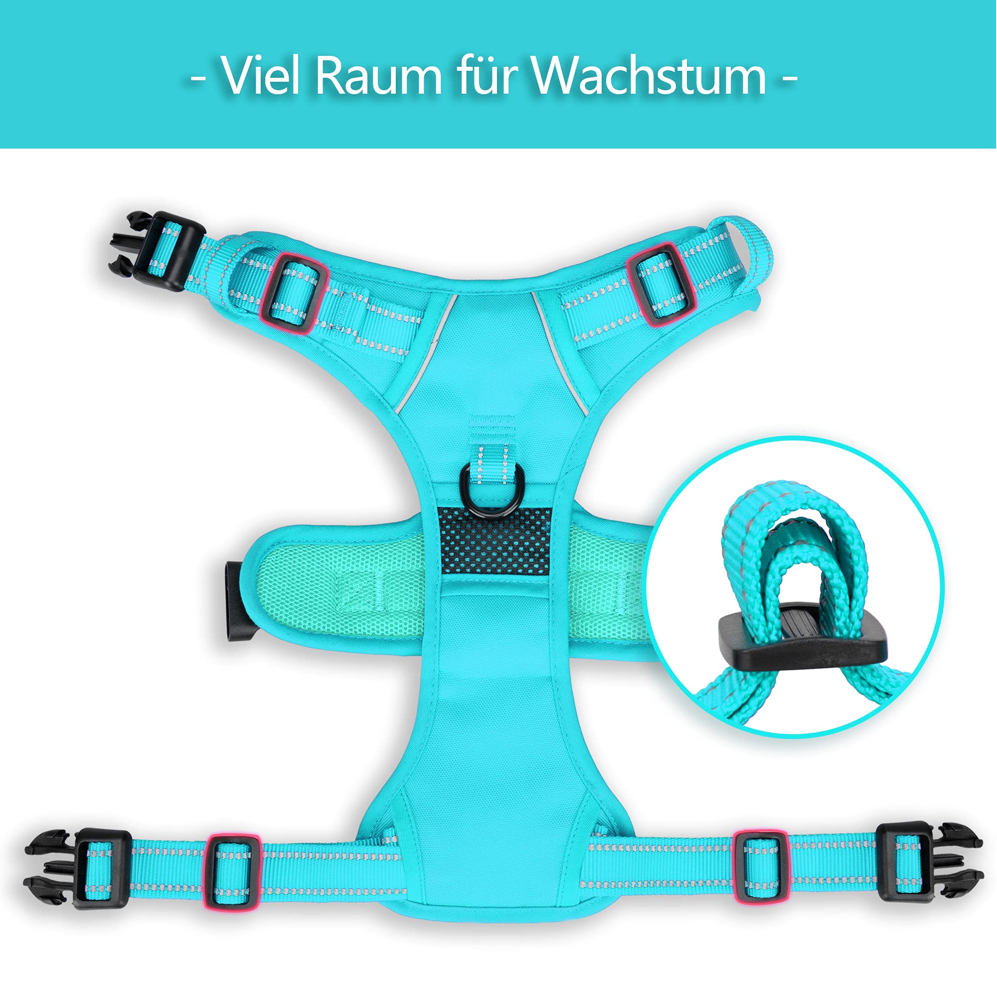 PoyPet Pettorina per cani anti-tiro, Pettorina riflettente per cani di taglia media senza soffocamento, regolabile, morbido gilet imbottito con semplice impugnatura di controllo (menta blu con