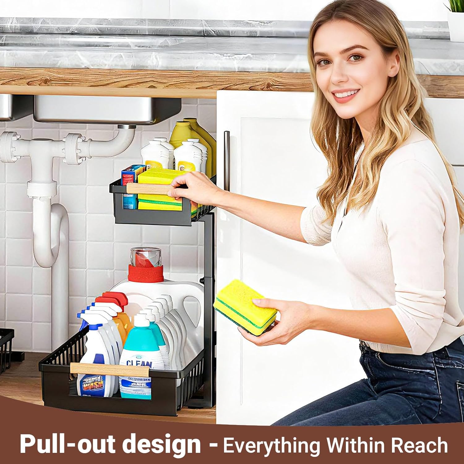 Under Sink Organizer 2-Pack Pull out Cabinet Organizer 2 Tier Metal Shelf Undersink Rack for Kitchen Bathroom Pantry Cabinet Organization and Storage, Black - Image 7