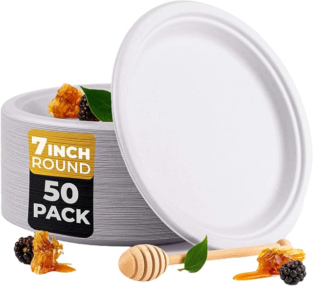 BEELEEVE [50-Pack] Super Strong Compostable Disposable Round Bagasse Paper Plates - Eco-Friendly, Sugarcane Fibre - Heavy Duty, Biodegradable, Sustainable, BBQ, Picnic, White (18cm-7in)