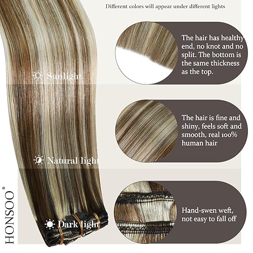 Miniatura 3 de Honsoo Extensiones de cabello Remy con pinzas, color marrón claro a rubio, balayage, 2.47 onzas, 12 pulgadas, 7 unidades, extensiones de cabello real