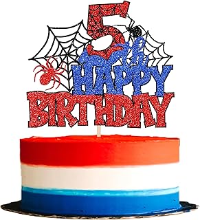 SYKYCTCY 1 Pack Spider Happy 5th Birthday Cake Topper Glitter Spooky Party Cake Picks for Spider Theme 5th Birthday Baby S...