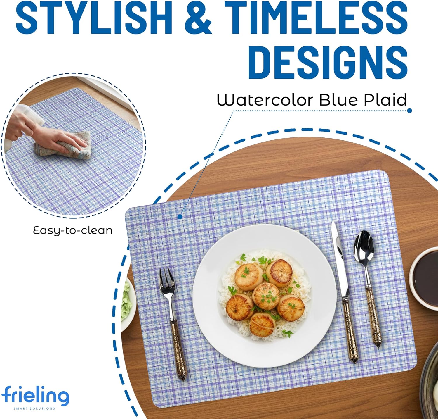 Davanti by Frieling, Set of 6 Rectangular Placemats (Watercolor Blue Plaid) – Non-Slip Vinyl & Polyester Table Mat, Decorative Kitchen Linen for Dining Décor & Tableware, 13" x 17", Made in Chile
