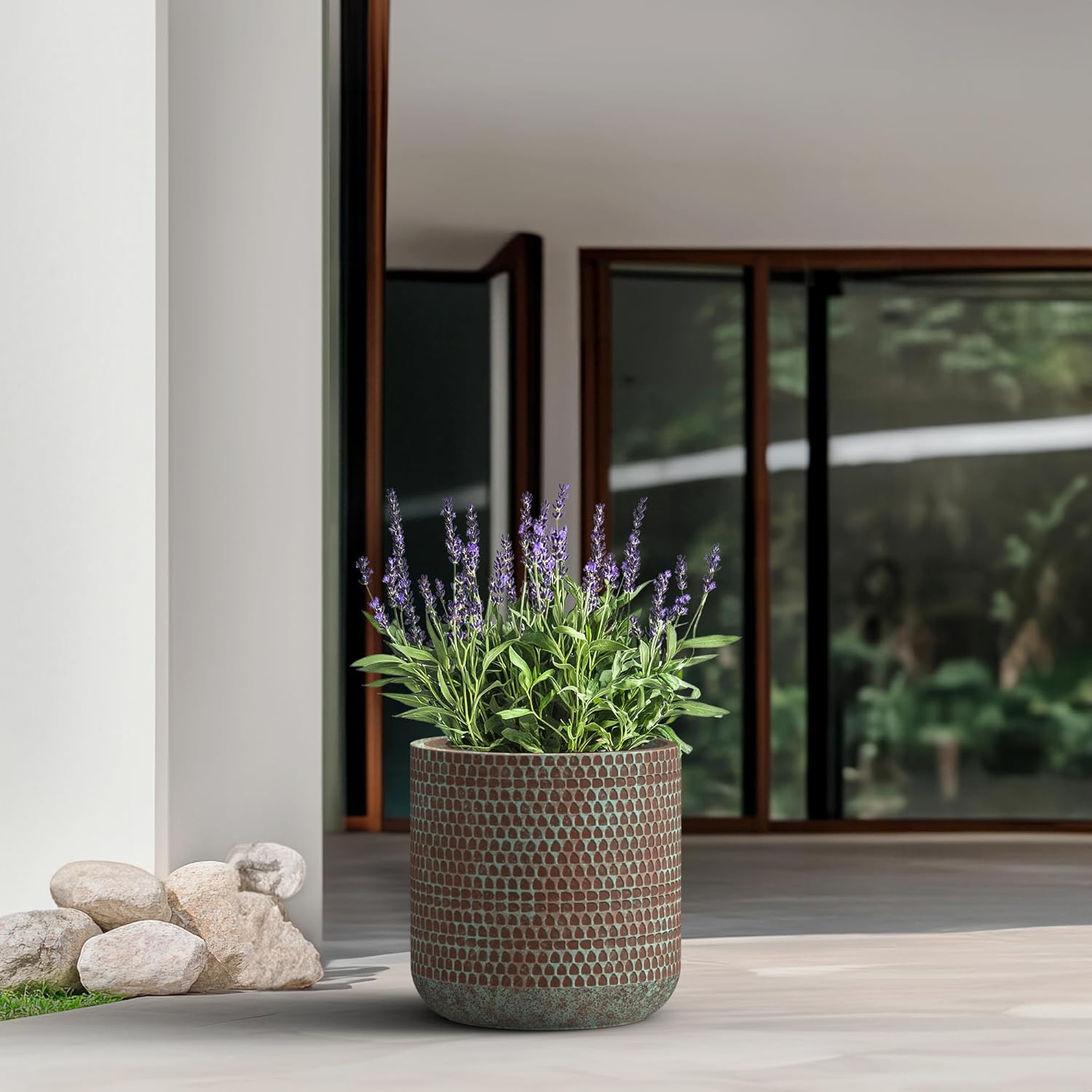 15.7-Inch Round Concrete Planter with Irregular Grid Texture, Mineral Speckled Surface Plant Pot with Drainage Hole, Ideal for Trees, Flowers, Shrubs, Verdigris Mist