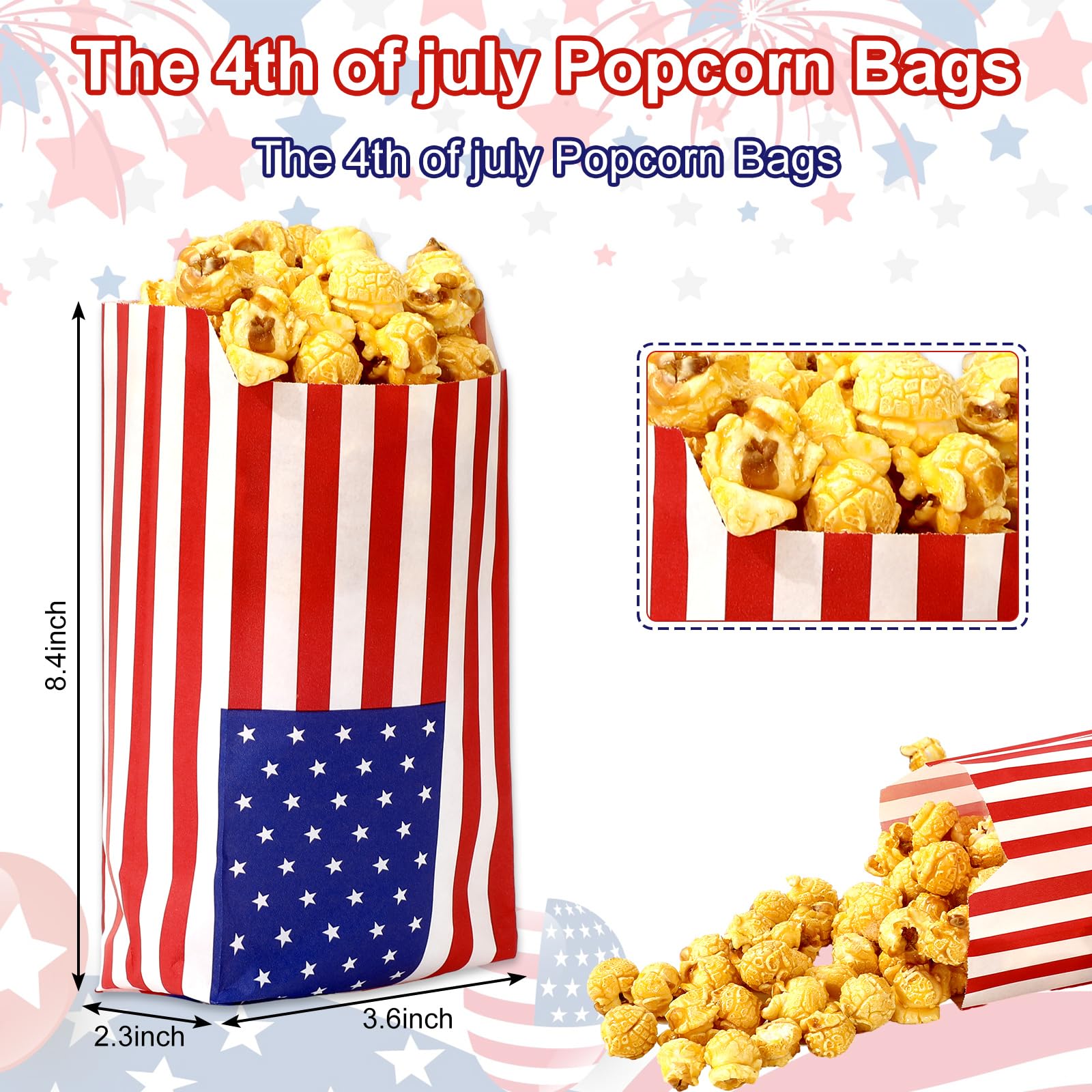 JarThenaAMCS 100Pcs Patriotic Popcorn Bag American Flag Treat Paper Bags Grease Resistant 4th of July Candy Goodie Bags for Independence Day Party Cookie Snack Packing