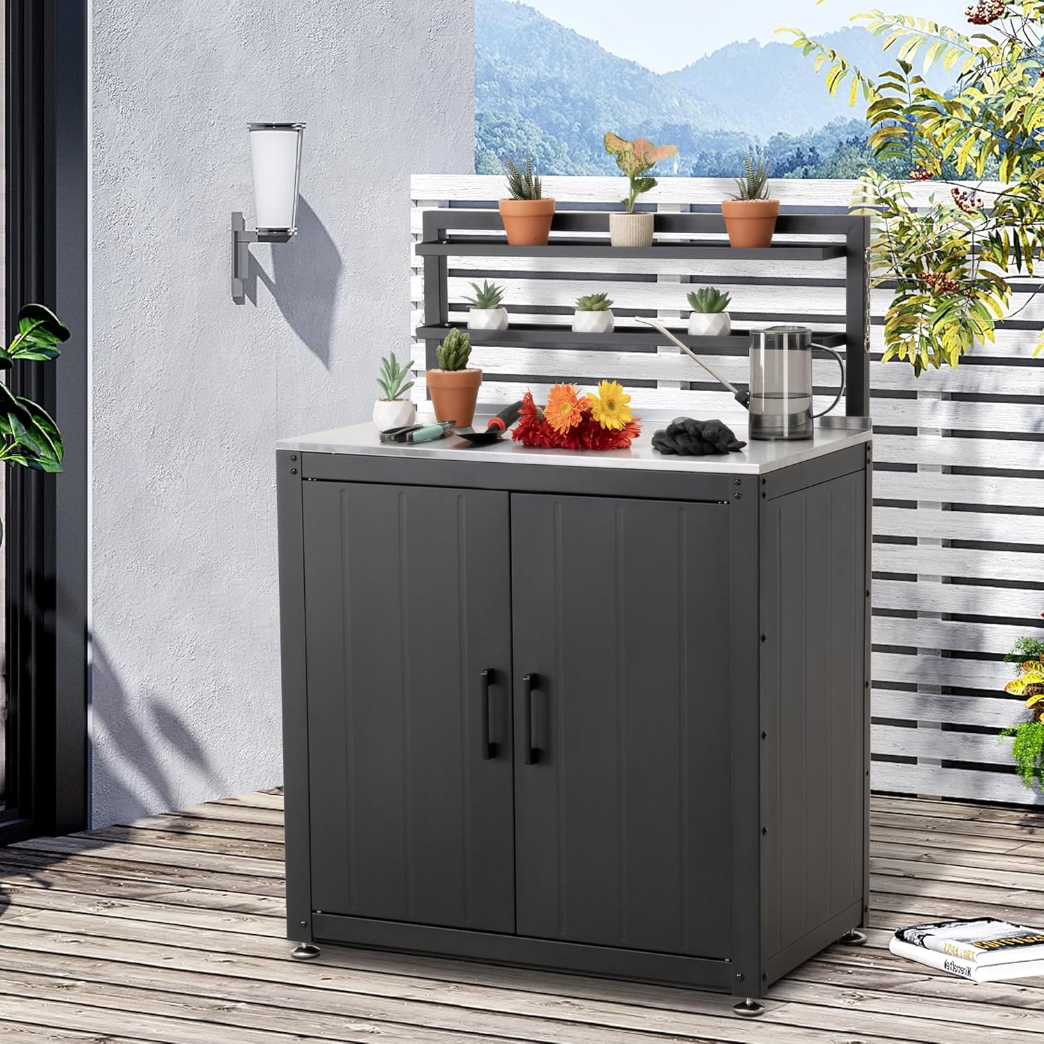 Outdoor Potting Bench with Storage Cabinet & Stainless Steel Tabletop - Heavy Duty Gardening Work Table, Garden Workstation with Elevated Rack for Horticulture and Backyard, Black