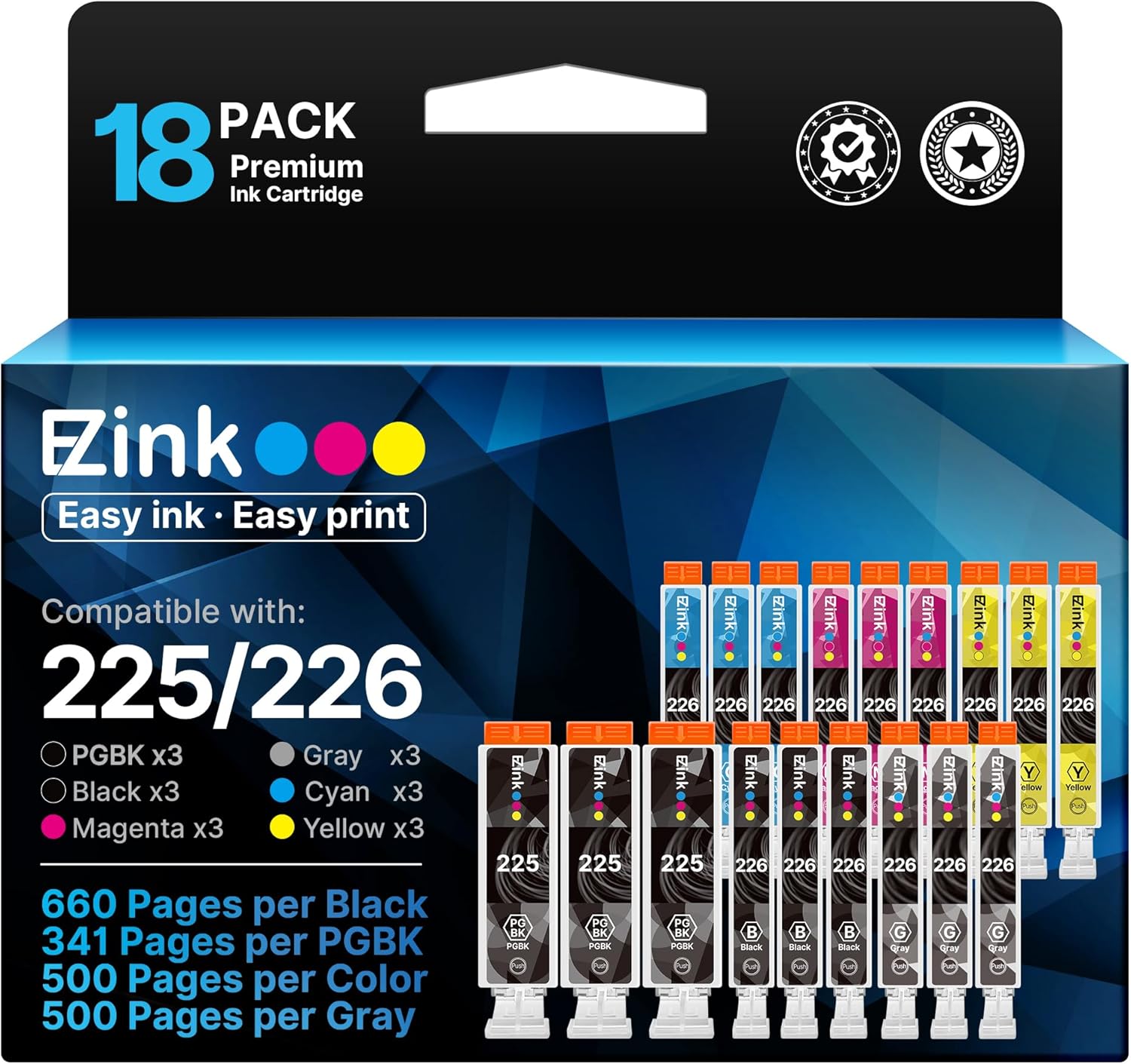 E-Z Ink Compatible Ink Cartridge Replacement for Canon PGI-225 CLI-226 to use with MG6220 MG6120 MG8220 MG8120 MG8120B (3 Gray, 3 Large Black, 3 Small Black, 3 Cyan, 3 Magenta, 3 Yellow) 18 Pack